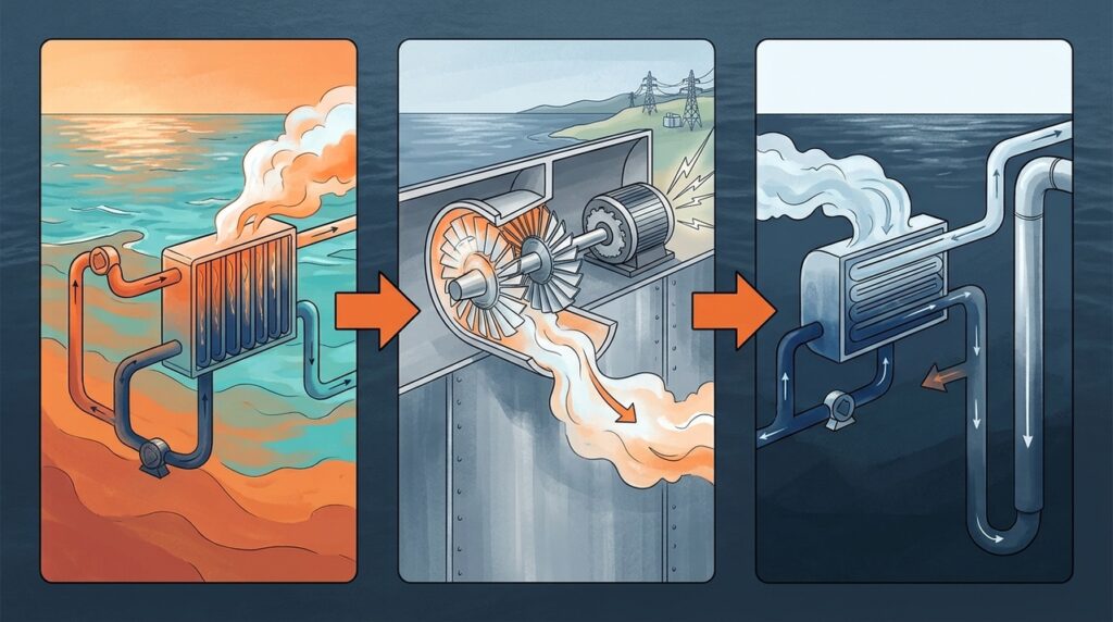 Energia térmica oceânica usa água quente e água gelada do mar para tentar gerar eletricidade sem queimar combustível