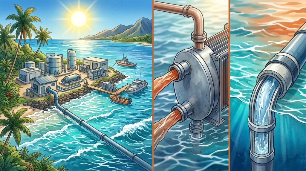 Energia térmica oceânica usa água quente e água gelada do mar para tentar gerar eletricidade sem queimar combustível