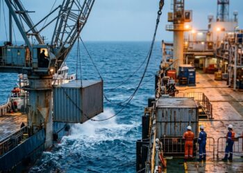 O operador de guindaste offshore movimenta cargas enquanto o mar nunca para