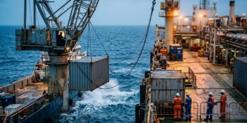 O operador de guindaste offshore movimenta cargas enquanto o mar nunca para