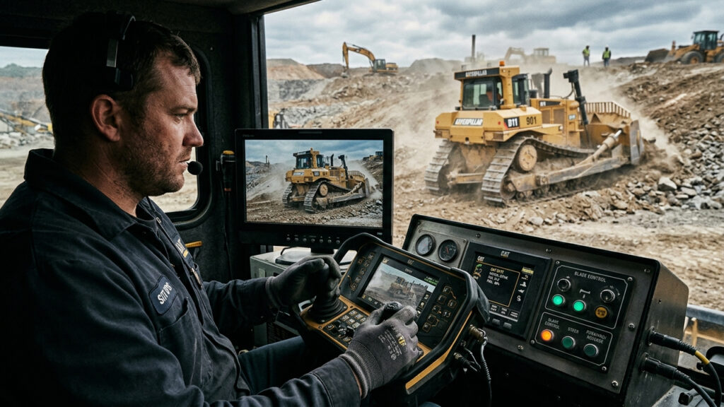 Permitindo que o operador controle tratores de esteira a até 400 metros de distância, a tecnologia da Caterpillar evita riscos em áreas instáveis