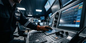 Operador de produção offshore controla válvulas, bombas e separadores que mantêm uma plataforma de petróleo funcionando no mar