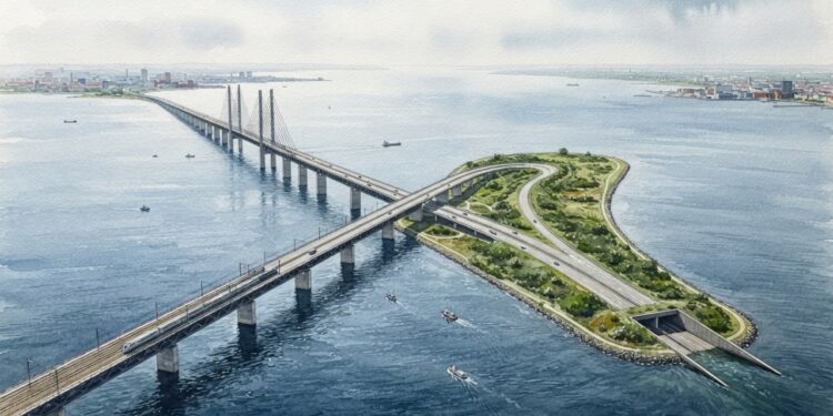 Como a Øresund Bridge conecta dois países pelo mar?