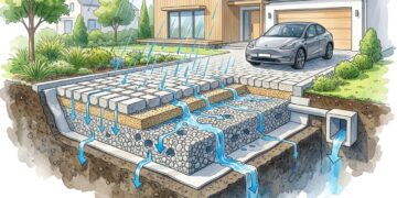 O piso de garagem que deixa a chuva atravessar o concreto pode reduzir poças, mas exige base drenante e cálculo para o terreno