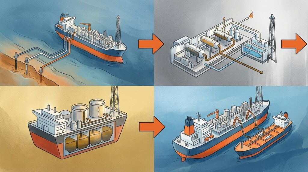 Com 1,6 milhão de barris de armazenamento, um FPSO separa óleo, gás e água no meio do oceano e funciona como uma refinaria flutuante a 200 km da costa