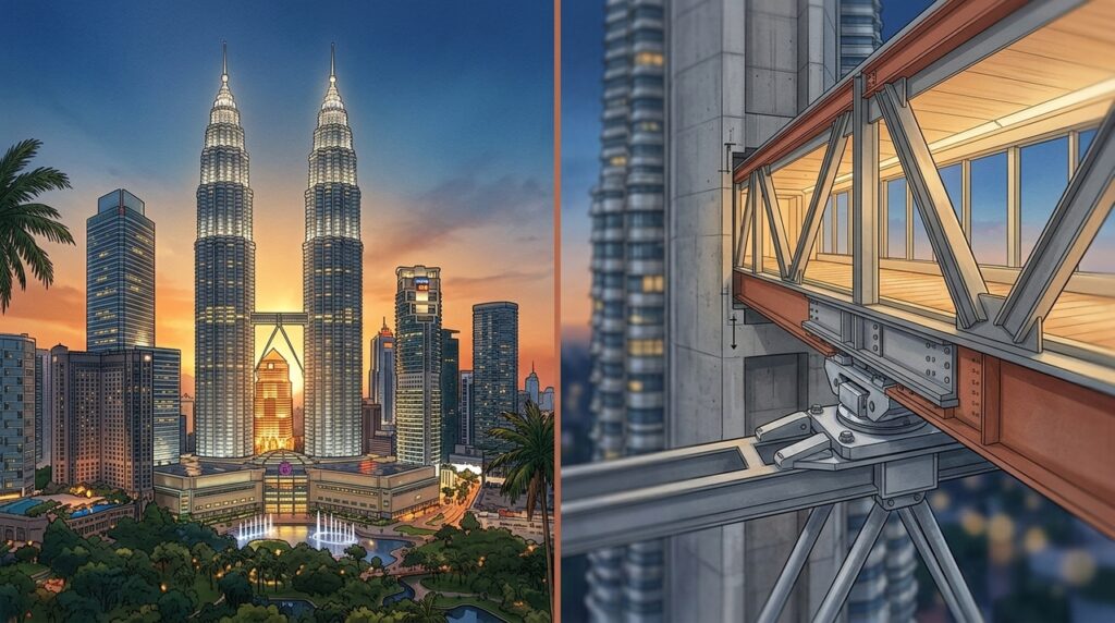 As torres gêmeas de 451,9 metros que ligam o céu de Kuala Lumpur por uma passarela suspensa