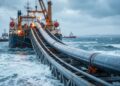 O navio que costura tubos no fundo do mar instala gasodutos submarinos como se desenrolasse uma estrada metálica invisível entre países e plataformas