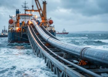 O navio que costura tubos no fundo do mar instala gasodutos submarinos como se desenrolasse uma estrada metálica invisível entre países e plataformas