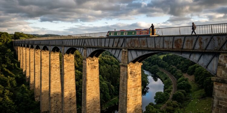 O aqueduto suspenso que leva barcos sobre um vale a quase 40 metros de altura no País de Gales
