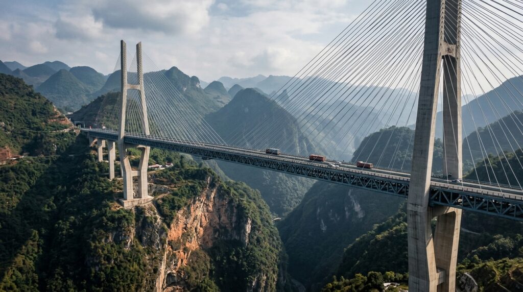[fotografia editorial de alta qualidade, estilo revista de engenharia civil, infraestrutura e logística, com atmosfera de escala extrema e relevo vencido / Ponte Duge (Beipanjiang Bridge) em destaque absoluto — tabuleiro elevado sobre o cânion profundo entre Guizhou e Yunnan, com torres estaiadas e cabos suspensos, a paisagem montanhosa ao redor, a luz natural criando reflexos e contrastes, transmitindo a sensação de engenharia que venceu o relevo extremo / composição sangrada: a ponte e o cânion ocupam o centro da imagem, com as montanhas, o vale e o céu estendendo-se até as bordas, sem margens ou moldura / profundidade de campo cinematográfica: foco nítido na ponte e nos cabos, com as montanhas e o horizonte suavemente desfocados com bokeh orgânico, sugerindo a escala e a integração com a paisagem / iluminação técnica e dramática: luz natural de dia com nuvens, criando reflexos e contrastes na estrutura metálica e no concreto, com áreas de luz e sombra que destacam a ponte e o vale, transmitindo a sensação de precisão e engenharia, sem artificialidade de estúdio / ângulo chamativo: plano geral com câmera posicionada na altura do vale ou ligeiramente aérea, capturando a ponte em perspectiva, os cabos, o tabuleiro, as montanhas, sugerindo a escala e a travessia extrema / paleta emocional do tema Construção com toque montanhoso: azul-aço na estrutura, cinza-metal nos cabos, branco-gelo nos reflexos, terracota e ocre nas montanhas, verde-selva na paisagem, concreto na estrutura / ambiente contextualizado: Guizhou/Yunnan, China, Ponte Duge, cânion, tabuleiro elevado, cabos estaiados, montanhas, elementos que sugerem a engenharia extrema e a conexão regional, sem cenário encenado artificialmente / sem texto visível, sem pessoas em destaque, sem elementos de stock / atmosfera: engenharia extrema, relevo vencido, a travessia que liga montanhas suspensas no céu / 16:9, composição sangrada sem margens, alta qualidade editorial, fotografia com luz natural e atmosfera de infraestrutura e montanha]