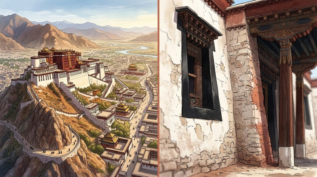A 3.700 metros de altitude, o Palácio de Potala sobe pela Montanha Vermelha como uma fortaleza de pedra sobre Lhasa