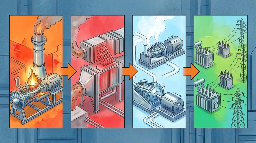 Por trás de uma turbina a gás de 571 MW, o calor que seria desperdiçado vira eletricidade extra e aumenta a eficiência de usinas inteiras