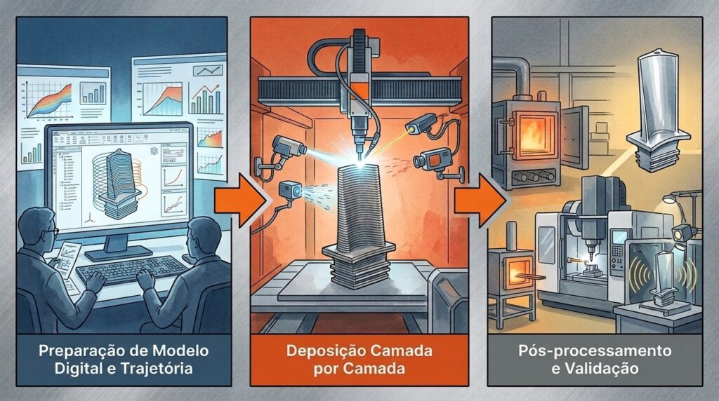 Impressoras gigantes fabricam peças metálicas em camadas para reduzir dependência de moldes e fundições