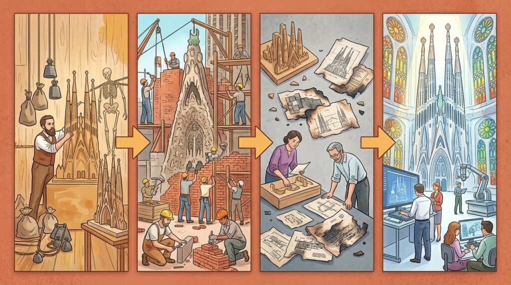 Com quase 130 metros de altura, a Sagrada Família continua crescendo há mais de um século como uma floresta de pedra em Barcelona