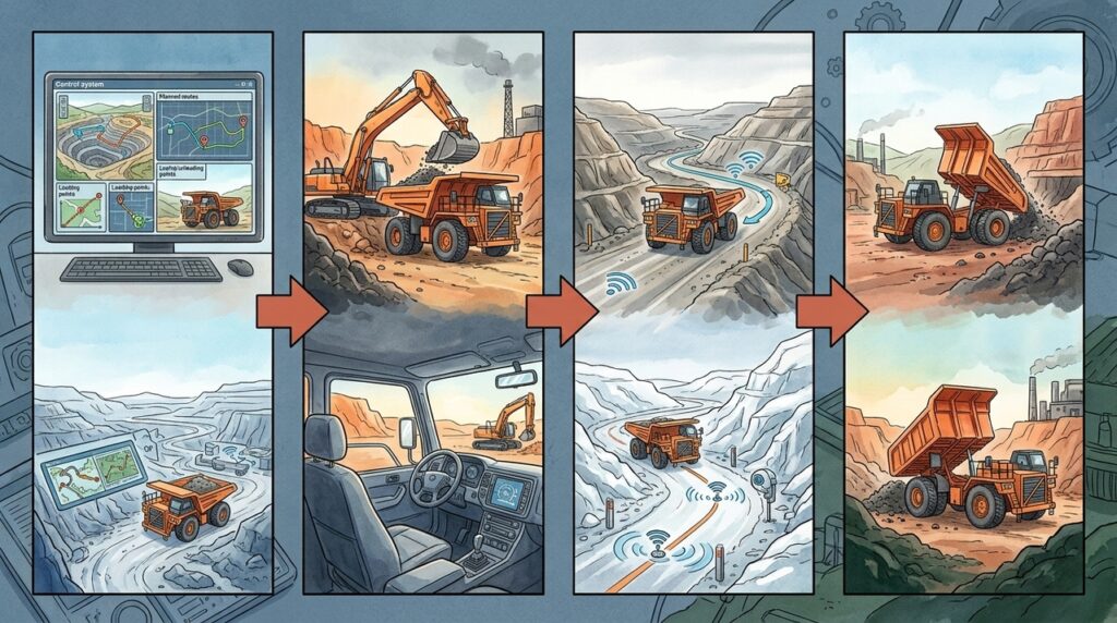 Sem motorista na cabine, caminhões gigantes de mineração já carregam toneladas por GPS e mudam a rotina das minas a céu aberto