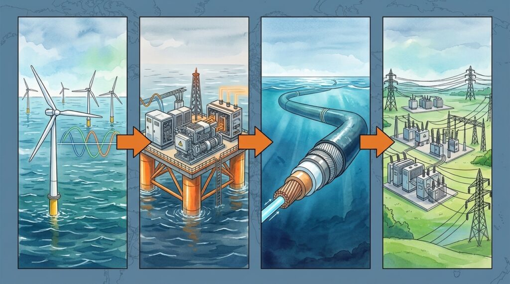 Cabos submarinos em corrente contínua levam energia por longas distâncias e viram peça-chave para ligar parques eólicos ao continente