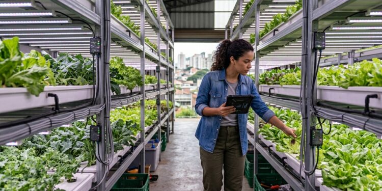 Profissional de fazendas verticais une plantas, luz e dadosProfissional de fazendas verticais une plantas, luz e dados