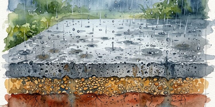 Concreto permeável conduz a chuva para camadas drenantes