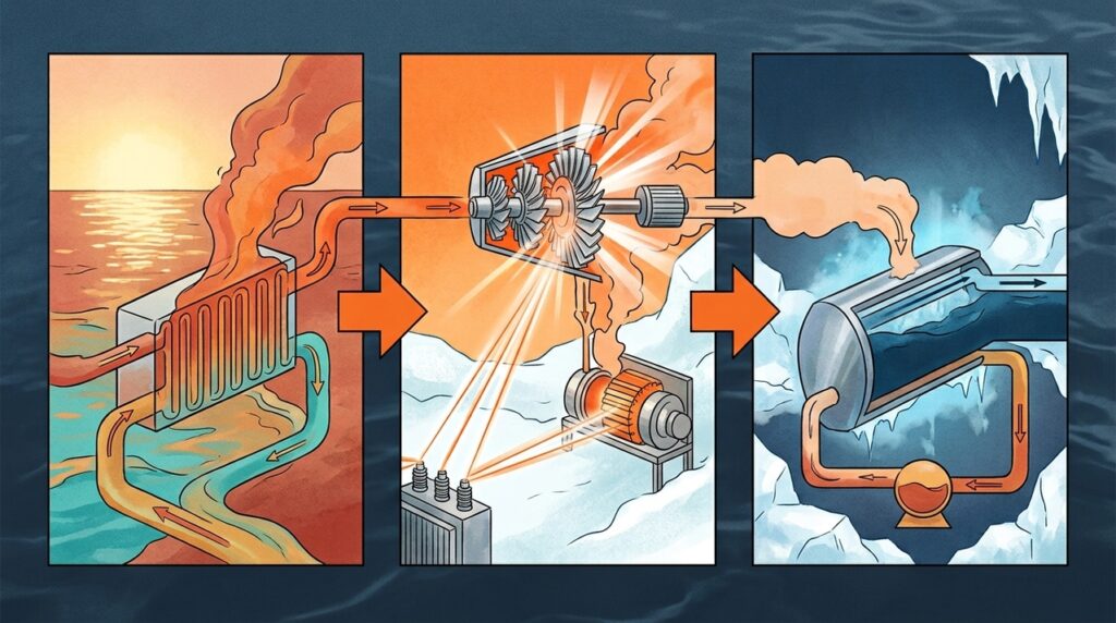 A energia fria do GNL tenta transformar regaseificação em eletricidade sem queimar o combustível nessa etapa