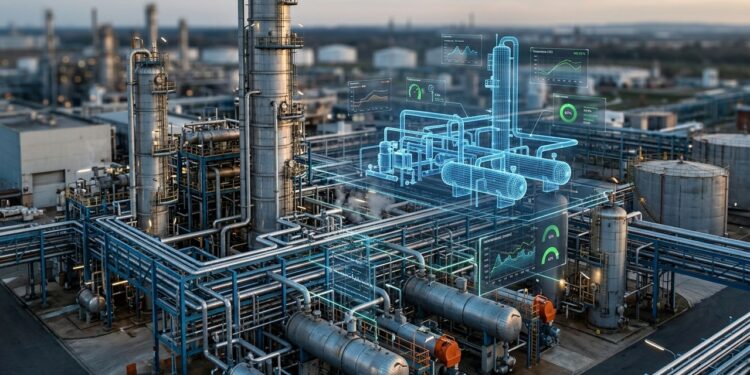 Uma cópia digital da refinaria testa falhas e mudanças de produção antes que operadores mexam na fábrica verdadeira