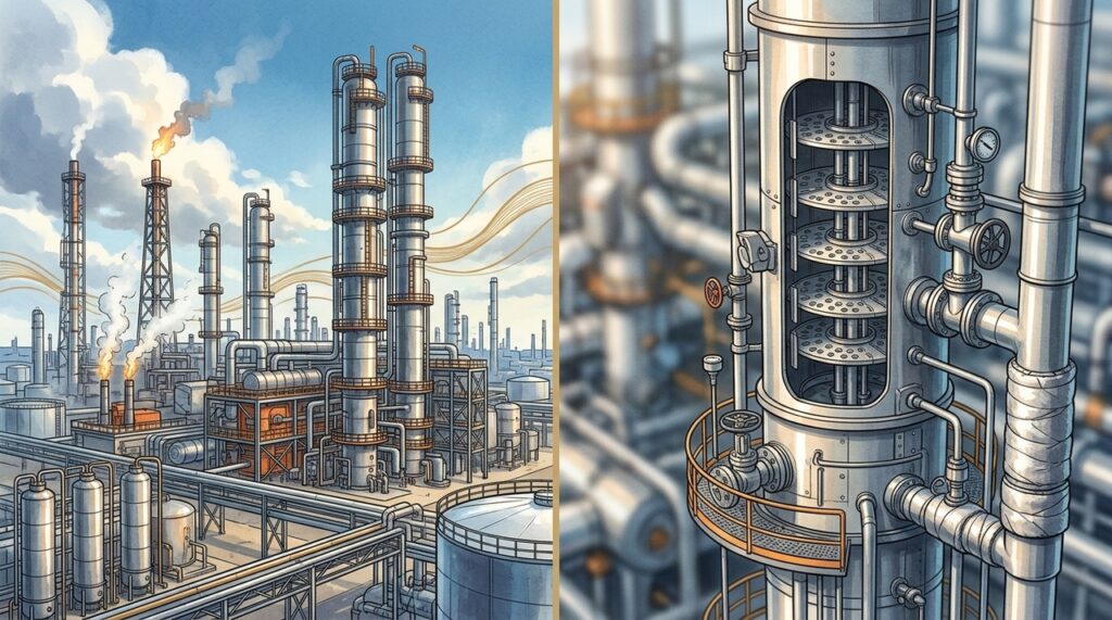 Com torres, fornos e dutos aquecidos, uma refinaria transforma petróleo bruto em gasolina, diesel, gás de cozinha e querosene de aviação sem que o motorista perceba