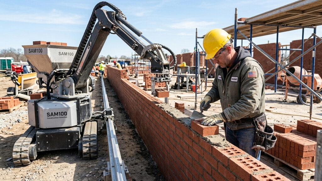 Projetado para assentar até 3.000 tijolos por dia com alta precisão, o robô de alvenaria trabalha quatro vezes mais rápido do que um pedreiro