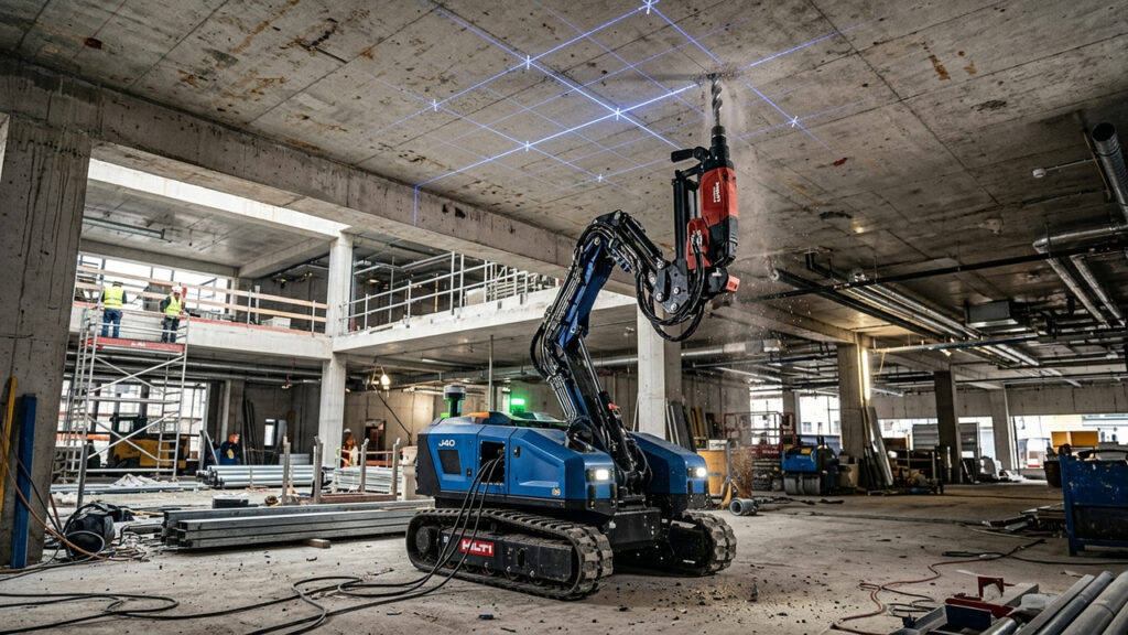 Operando de forma semiautônoma na perfuração de tetos, o robô da Hilti realiza mais de 500 furos precisos por dia seguindo a planta digital em 3D