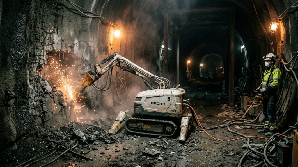Operando com motores elétricos e controlada por controle remoto a até 100 metros de distância, a máquina de demolição compacta limpa áreas de risco