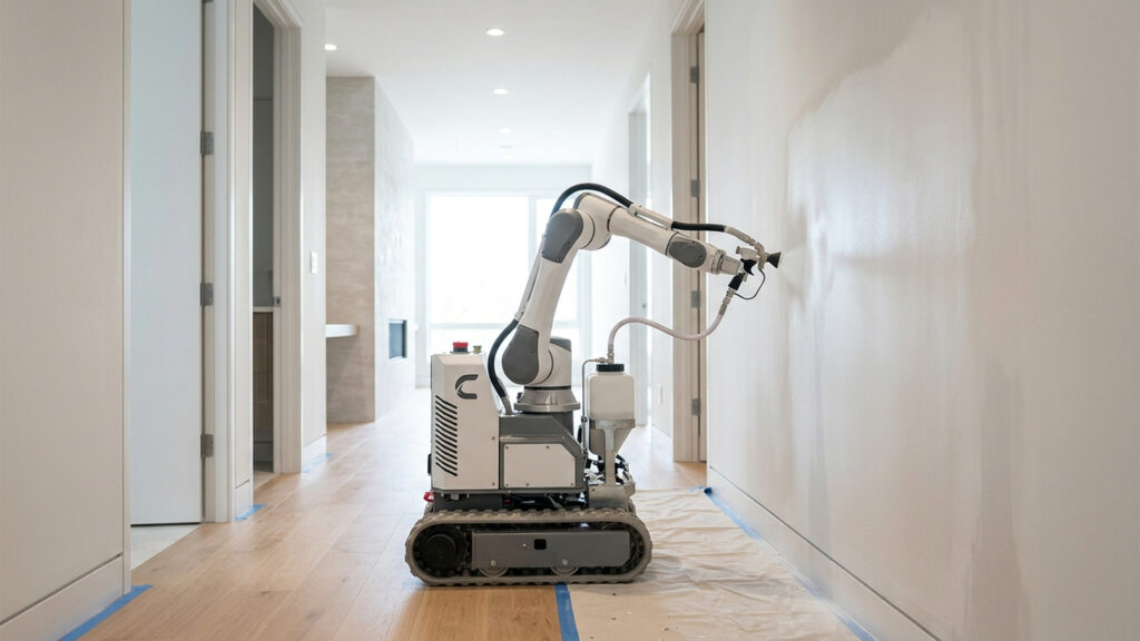Projetado para lixar e aplicar composto em até 100 metros quadrados de drywall por hora, o robô compacto alcança o nível 5 máximo de acabamento interno