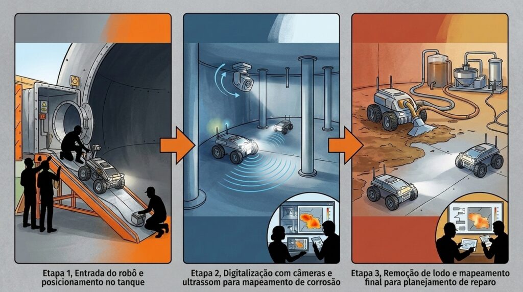 Robôs com câmeras e ultrassom reduzem a entrada humana em tanques com vapores tóxicos e pouco oxigênio