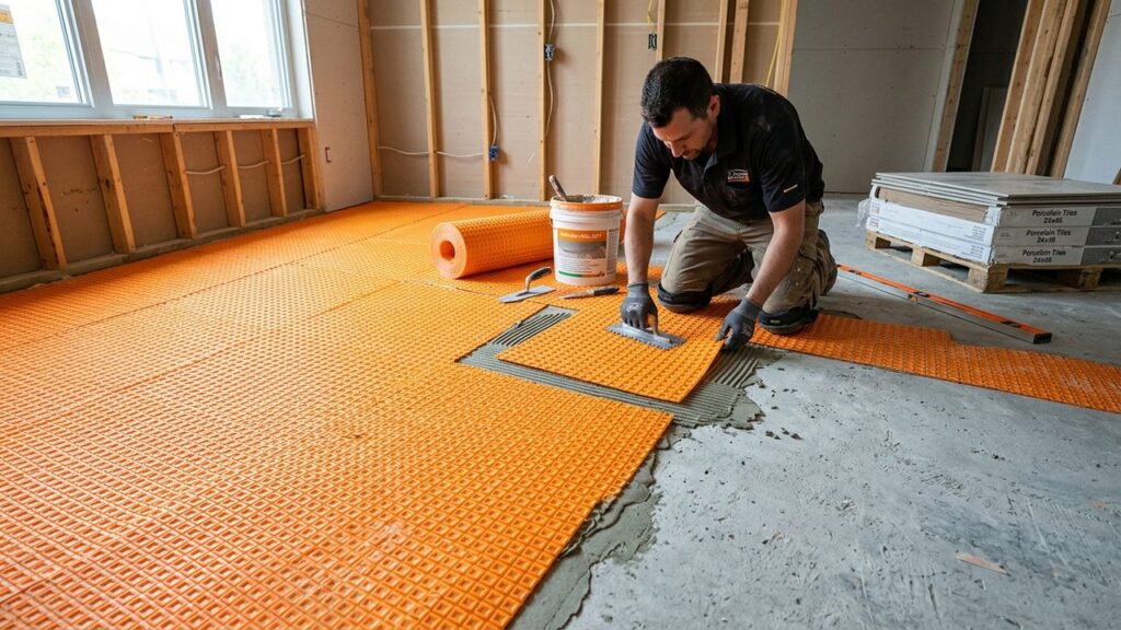 Desenvolvida para evitar rachaduras em cerâmicas de base crítica, a membrana impermeável com formato de grade absorve tensões do contrapiso