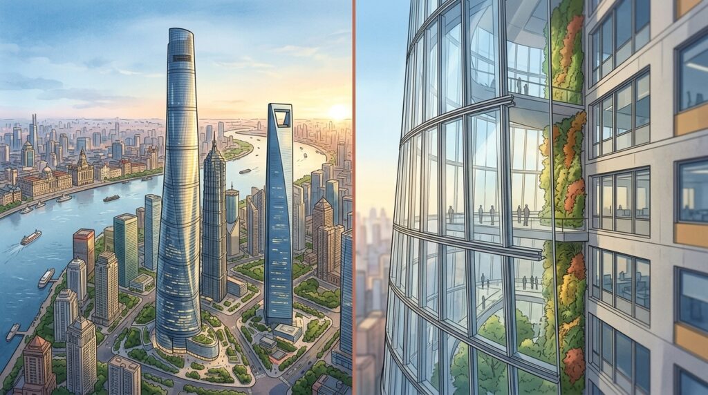 A Shanghai Tower gira 120 graus enquanto sobe para enfrentar tufões com a própria forma da fachada