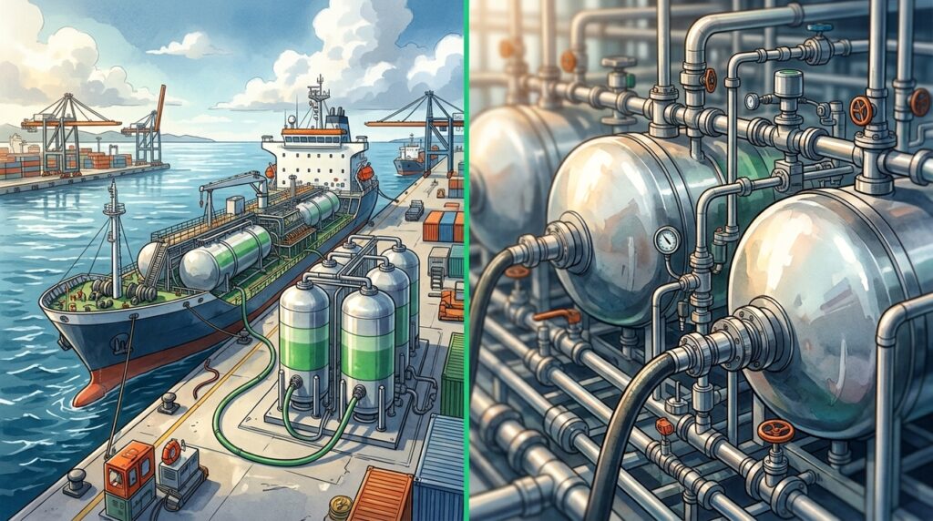 O metanol feito com hidrogênio e carbono capturado começa a disputar espaço nos portos dos grandes navios