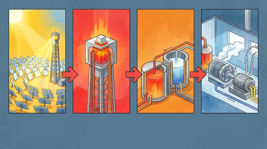 Espelhos no deserto concentram sol em uma torre, aquecem sal derretido e permitem gerar energia mesmo depois do anoitecer