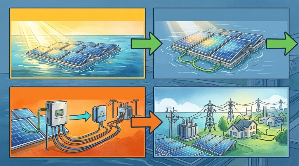 Painéis solares sobre a água geram eletricidade e ajudam a reduzir parte da evaporação dos reservatórios