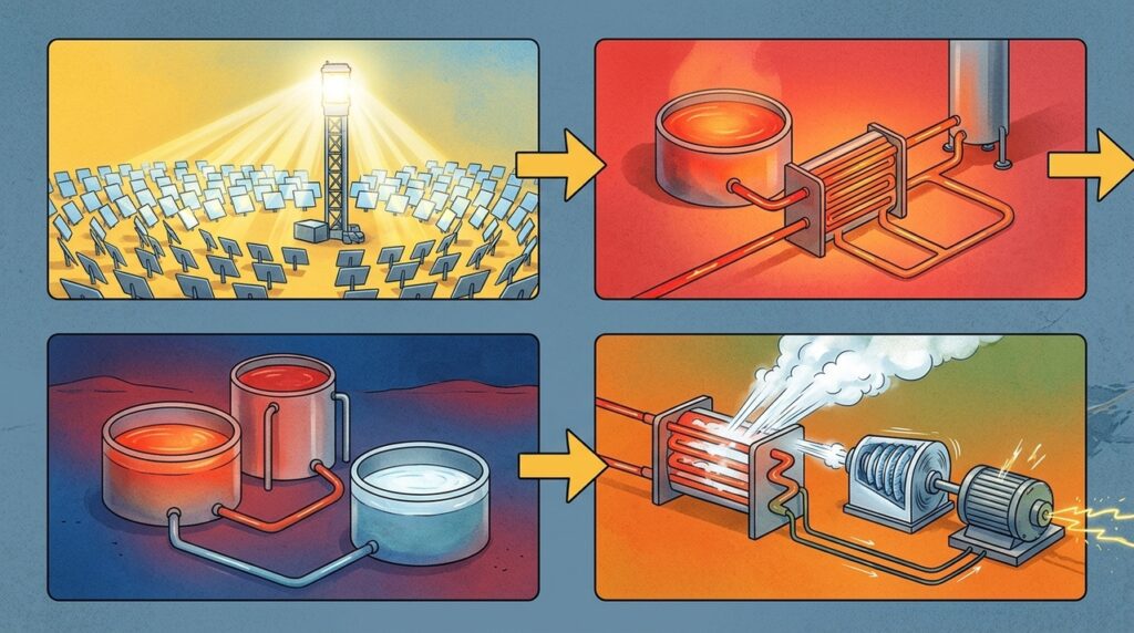 Tanques cheios de sal derretido guardam calor do Sol durante o dia e continuam produzindo eletricidade depois que a noite chega