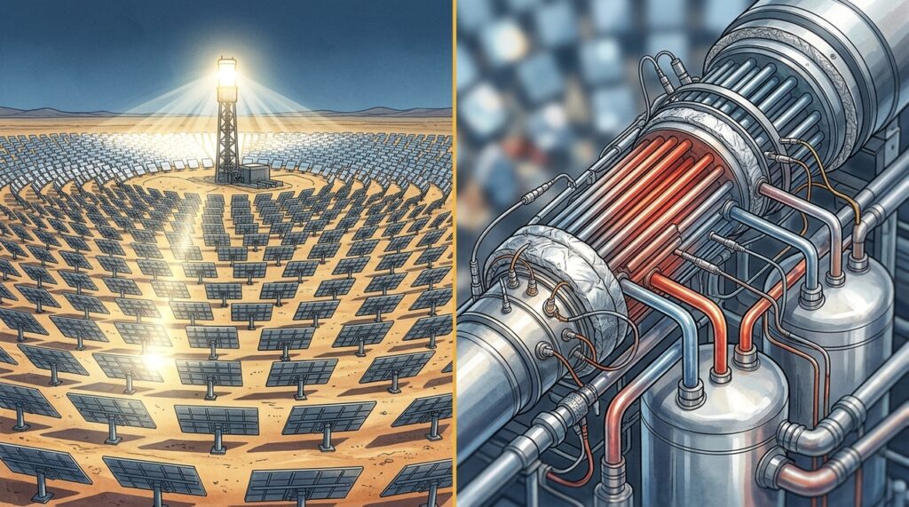 Espelhos no deserto concentram sol em uma torre, aquecem sal derretido e permitem gerar energia mesmo depois do anoitecer