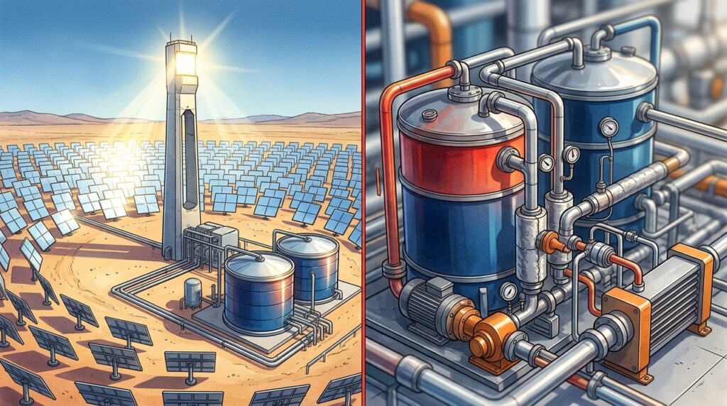 Tanques cheios de sal derretido guardam calor do Sol durante o dia e continuam produzindo eletricidade depois que a noite chega