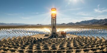 Espelhos no deserto concentram sol em uma torre, aquecem sal derretido e permitem gerar energia mesmo depois do anoitecer