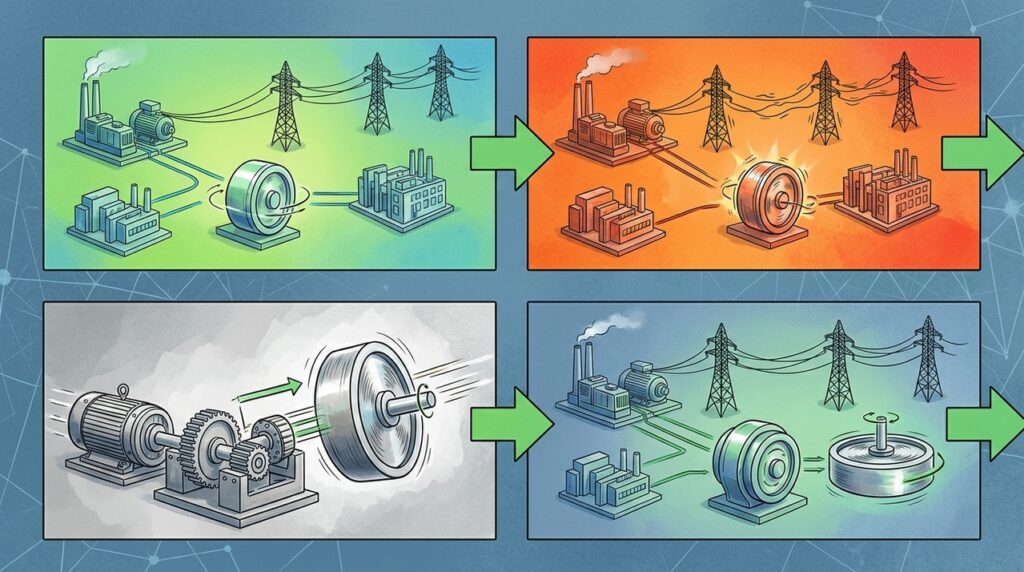 Rodas pesadas girando em alta velocidade podem devolver energia em segundos quando a rede perde equilíbrio