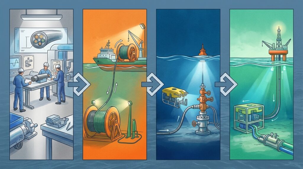 Cabos umbilicais descem quilômetros até o fundo do oceano levando energia, dados e comandos para equipamentos que nunca veem a luz do Sol