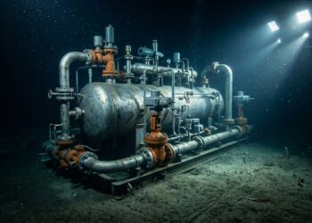 O cilindro de aço instalado no fundo do mar separa petróleo, gás e água ainda no leito oceânico e evita que toneladas de fluidos subam misturados até a plataforma