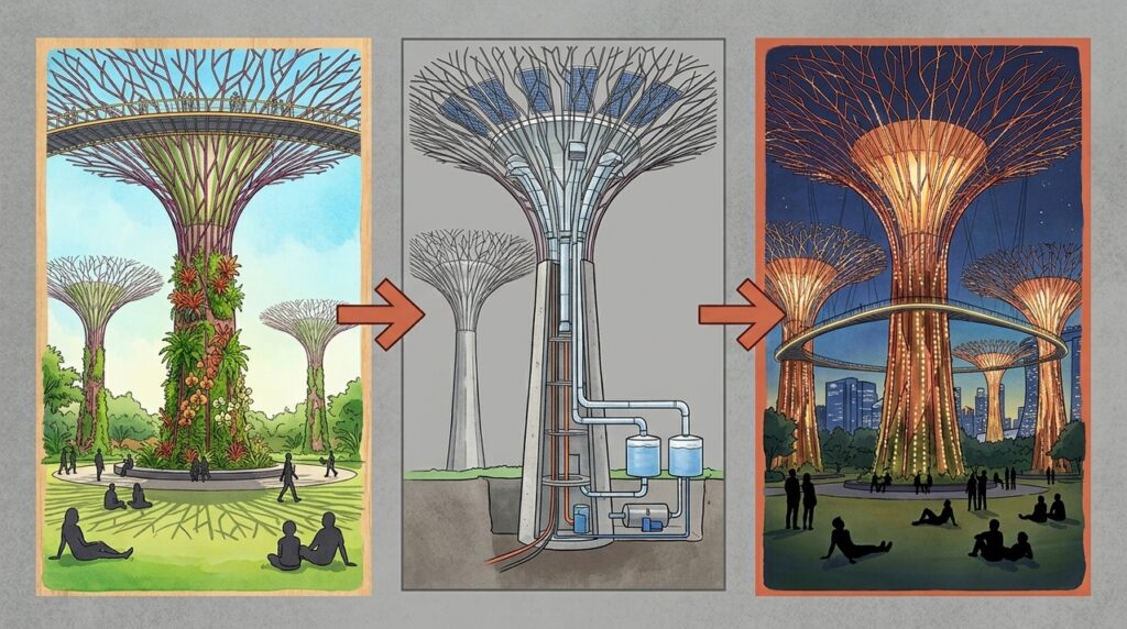 Com árvores metálicas de até 50 metros, Gardens by the Bay transformou jardins em máquinas urbanas de sombra, luz e ventilação
