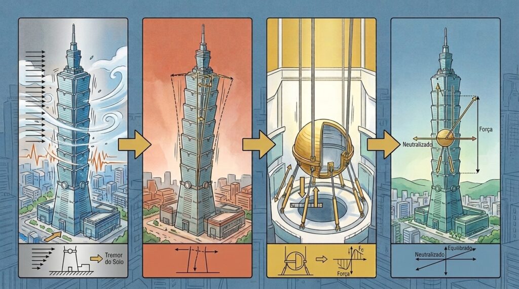 Construída para resistir a terremotos frequentes, a Taipei 101 esconde uma esfera de 660 toneladas que balança para manter o prédio estável