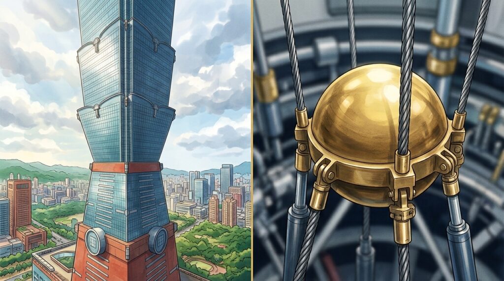 Construída para resistir a terremotos frequentes, a Taipei 101 esconde uma esfera de 660 toneladas que balança para manter o prédio estável