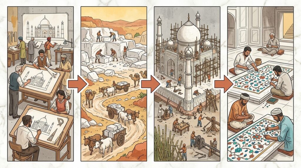 Taj Mahal transformou mármore branco, simetria e pedras lapidadas em uma obra que atravessa séculos