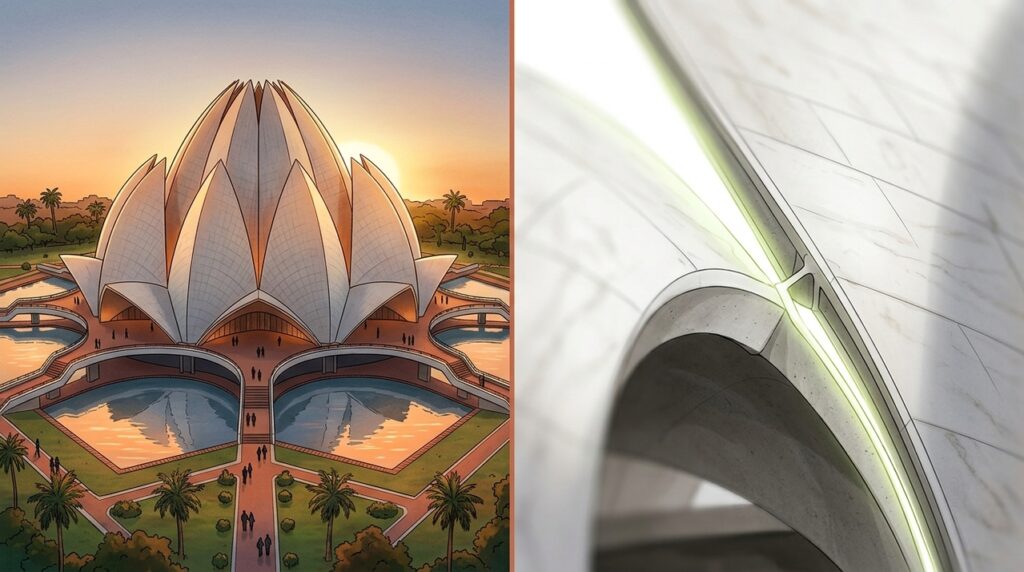 O Templo de Lótus transforma 45 cascas curvas de concreto branco em uma flor gigante no coração de Nova Délhi