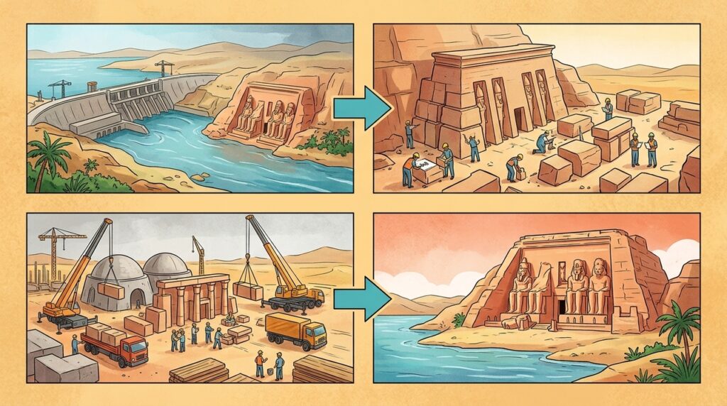 Abu Simbel foi cortado em mais de mil blocos para escapar das águas de uma represa no Egito