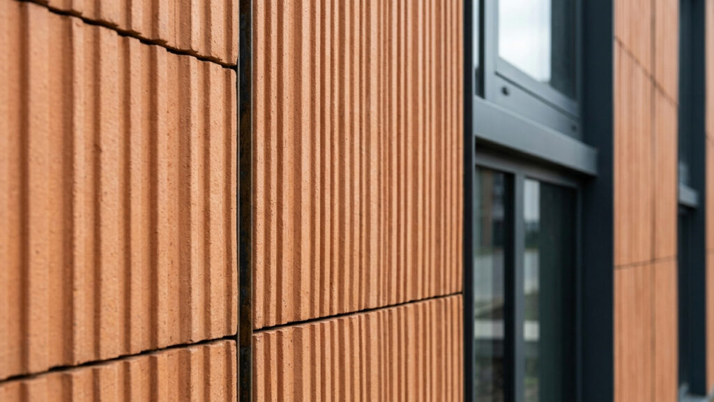 Esta moderna fachada de terracota possui uma câmara de ar interna que corta o calor em 30%, criando um dreno natural de ventilação em prédios