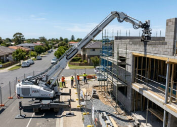 Equipada com um braço telescópico de 32 metros, a máquina construtora assenta até 1.000 blocos por hora e ergue paredes de até 3 pavimentos a partir da rua
